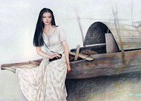 Beautiful girl seated at the boat